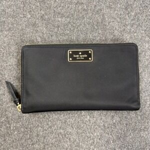 Kate Spade New York Black Nylon Zip Around Travel Wallet Organizer Gold Logo